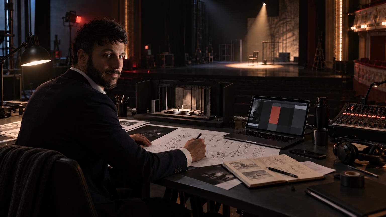 Alessandro Musto al lavoro su un progetto di spettacolo in teatro