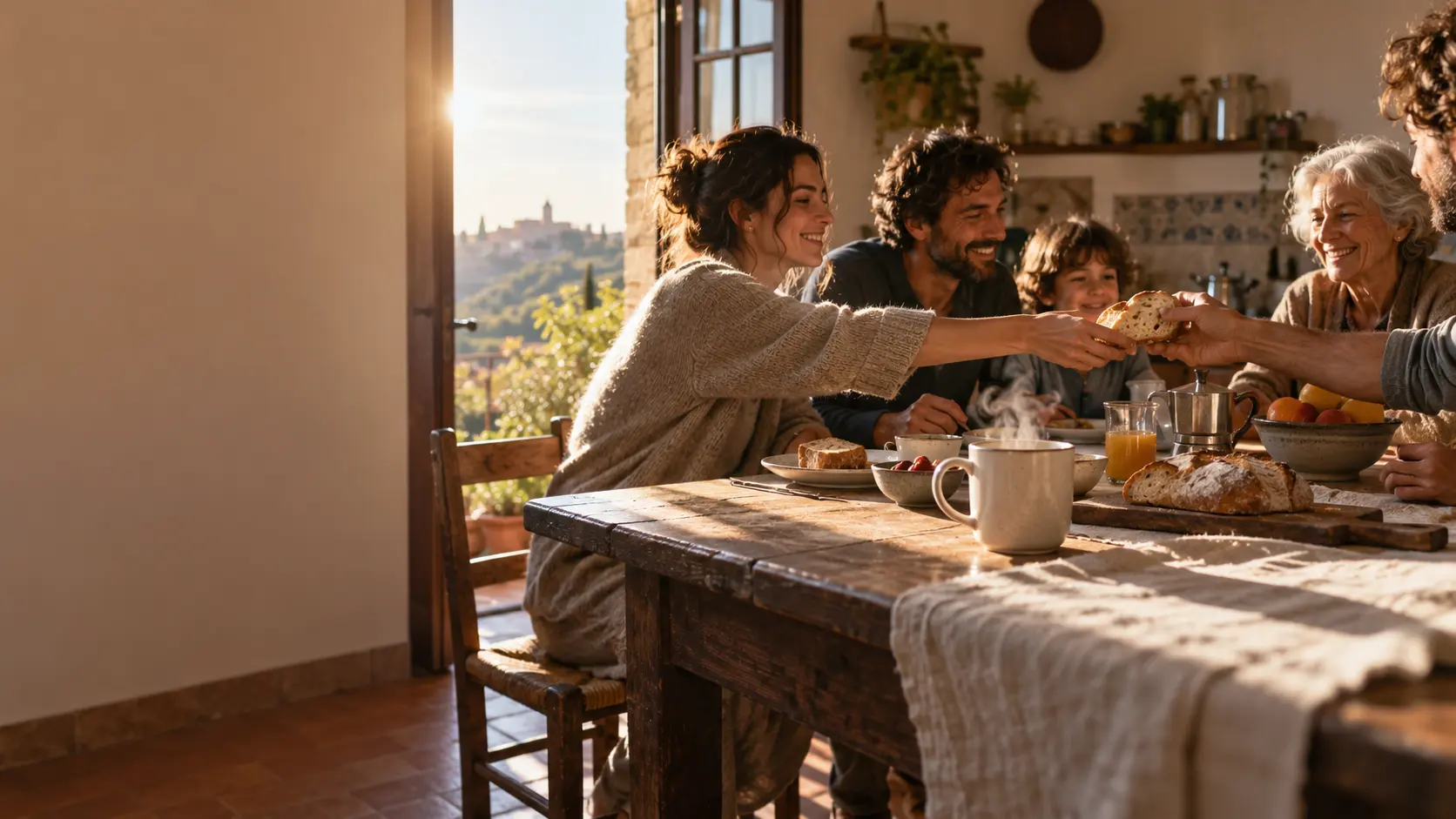 Famiglia riunita attorno a una tavola italiana con una tazza fumante, immagine editoriale originale