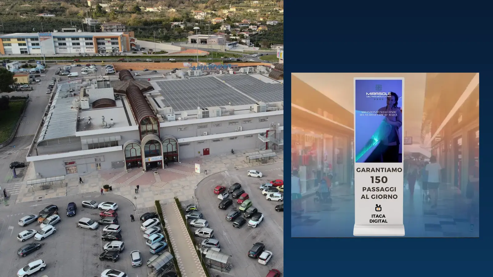 Composizione editoriale con veduta aerea del Centro Commerciale Itaca e un totem Itaca Digital