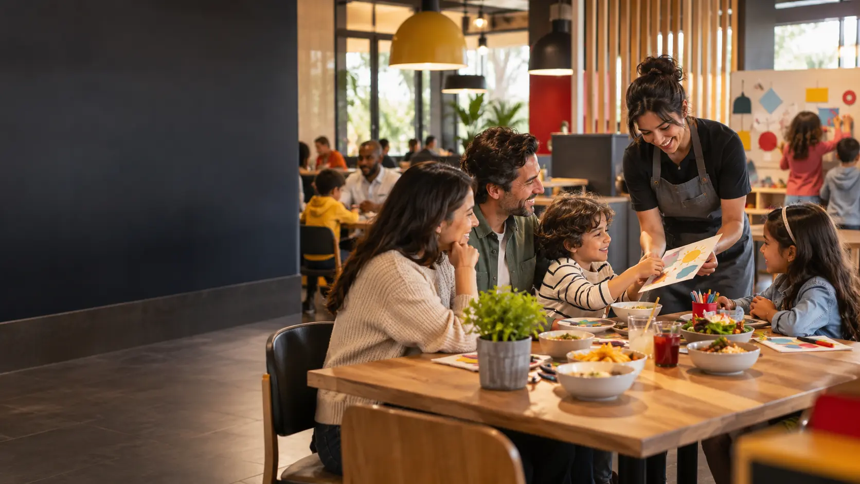 Famiglia e bambini condividono un’attività in un ambiente retail contemporaneo, immagine editoriale originale