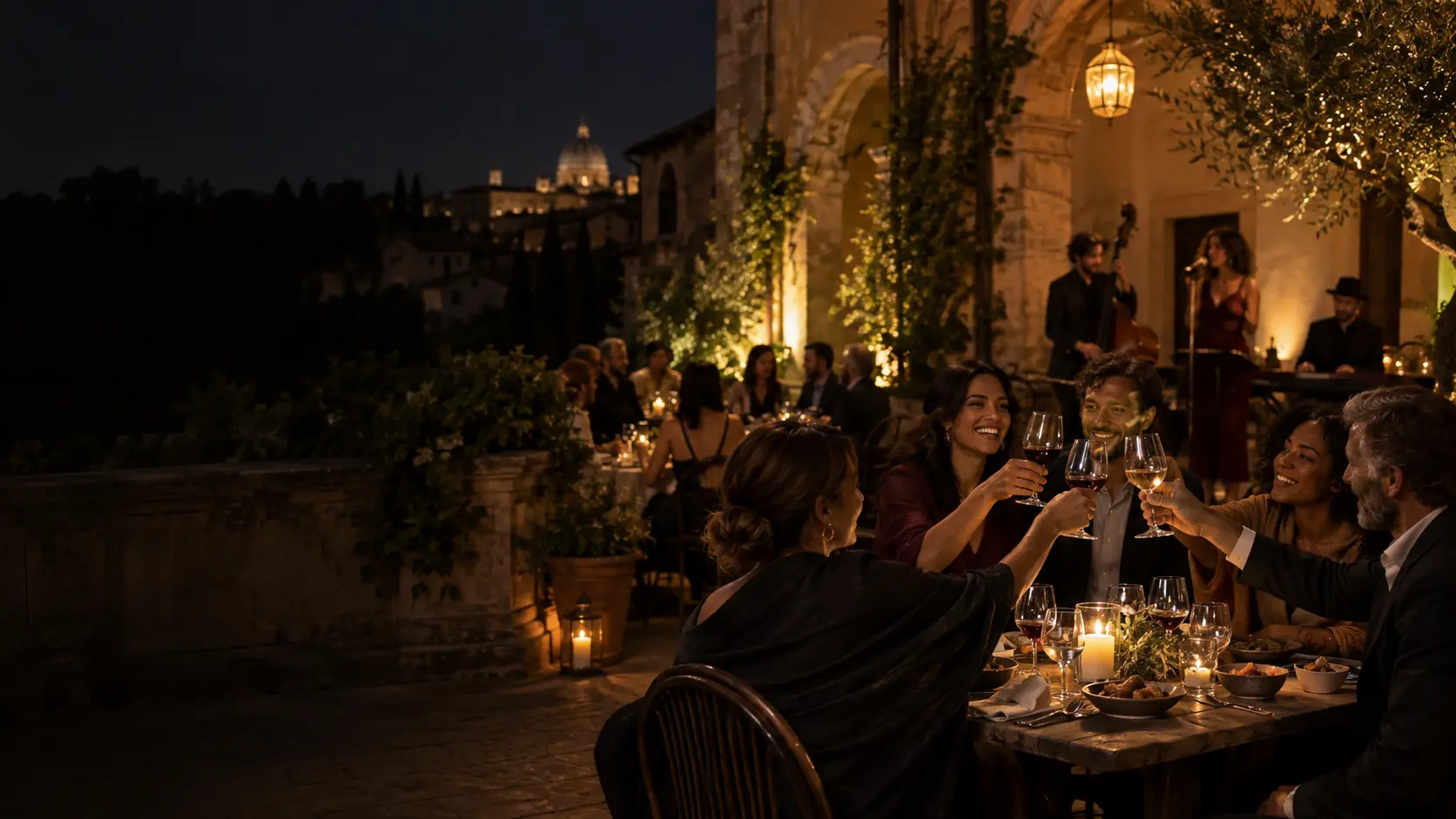 Evento conviviale serale in un cortile italiano con musica dal vivo, immagine editoriale originale