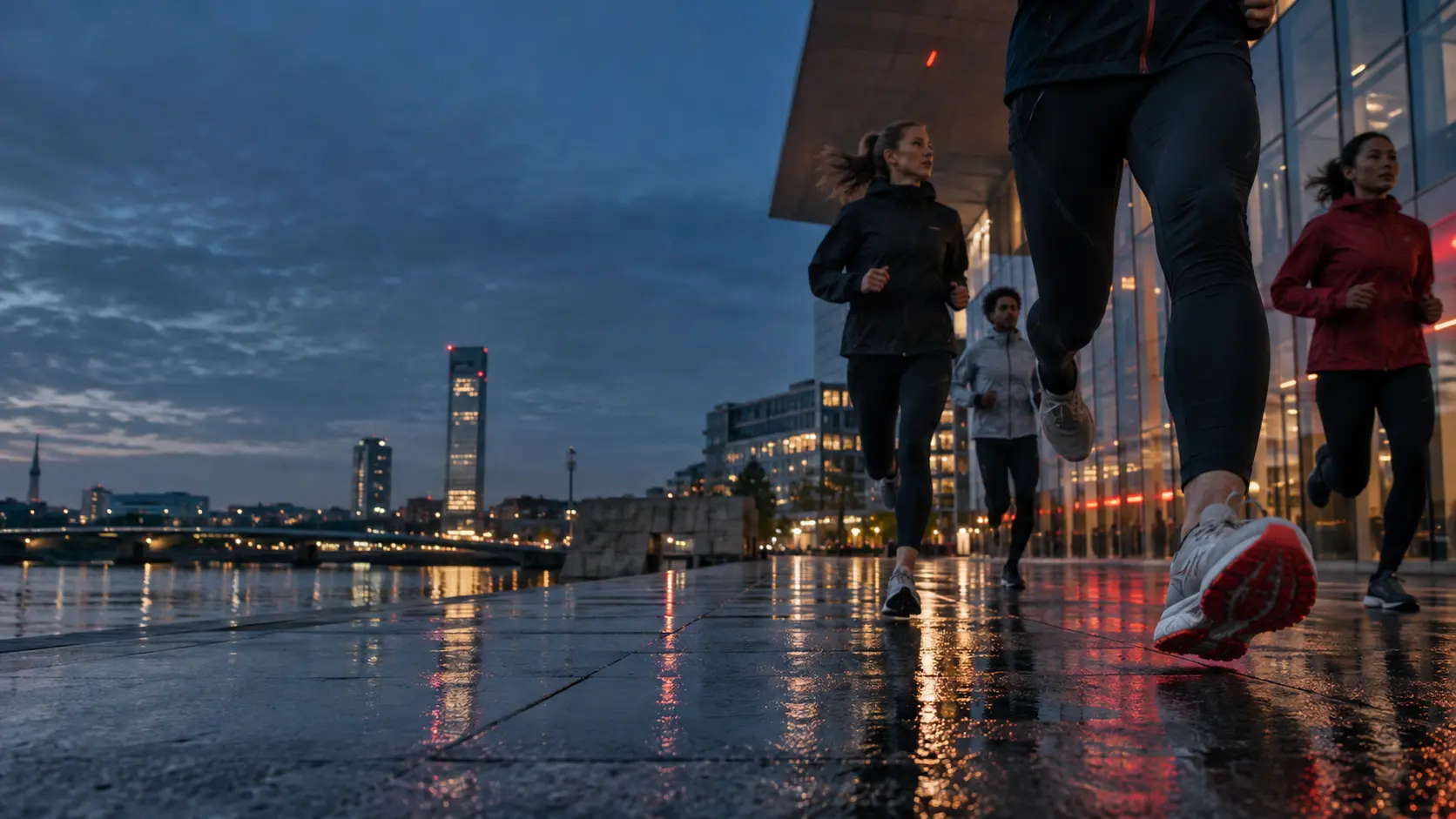 Runner in una città contemporanea al tramonto, immagine editoriale originale per ON Running