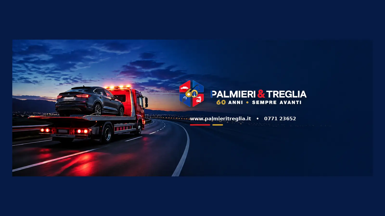 Campagna celebrativa Palmieri & Treglia 60 anni, con carro attrezzi sulla strada e nuova identità anniversario
